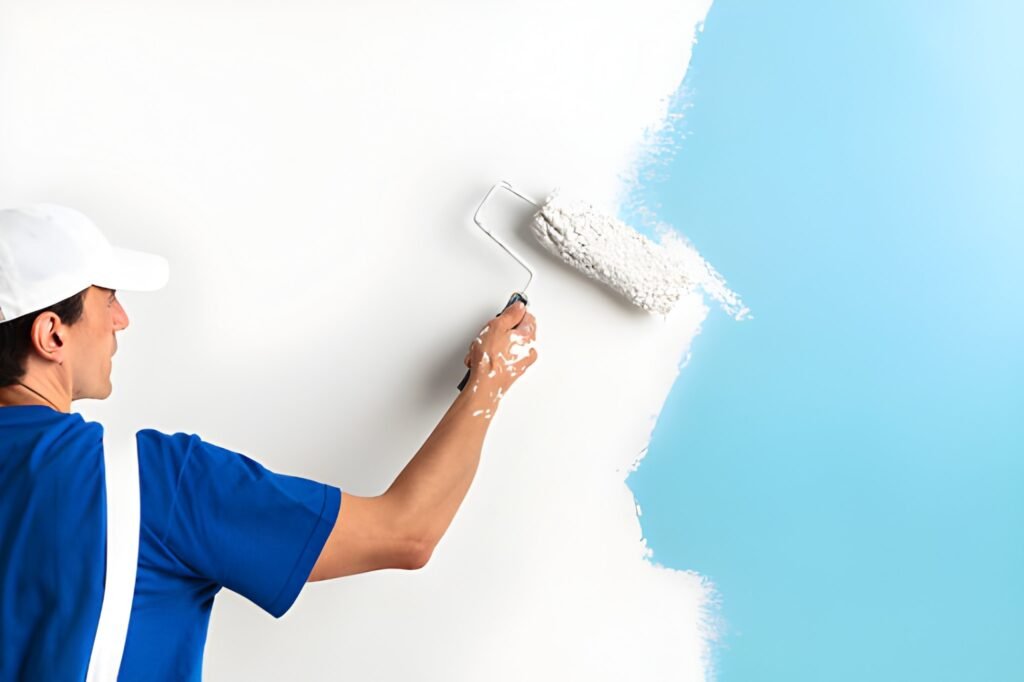 Back view of painter painting a wall with paint roller, with copy space