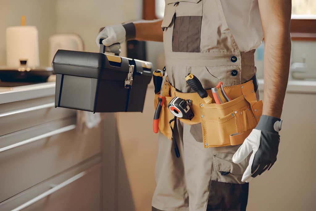 Close up of repairman in uniform standing on home kitchen and holding his tool