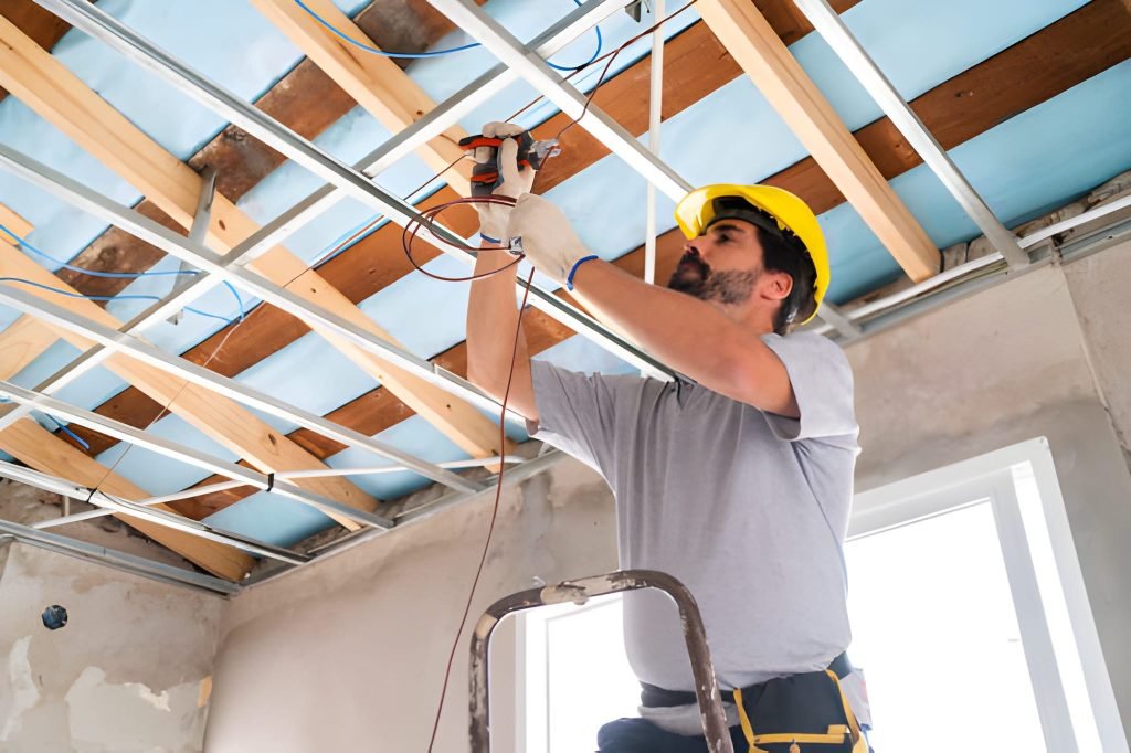 Construction Worker Installing Ceiling Frame