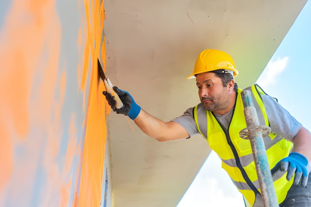 Construction worker applying plaster on building facade