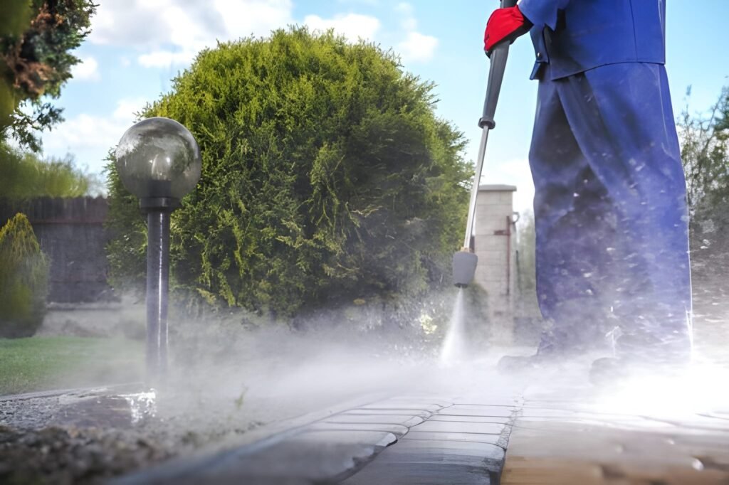 Driveway Pressure Wash. Cleaning Bricks Road and Garden Paths.
