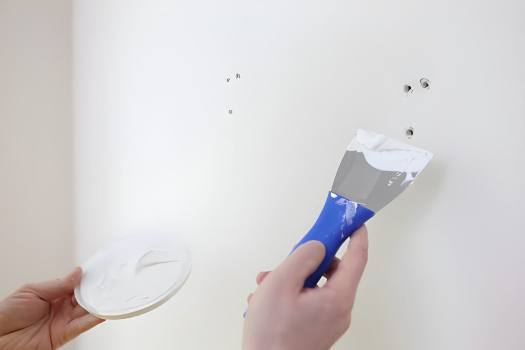 Hands with a spatula and putty near the wall, close-up