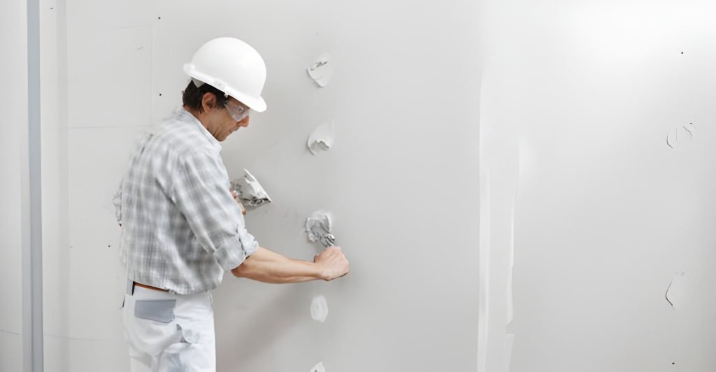 Man drywall worker or plasterer putting plaster on plasterboard wall using a trowel and a spatula