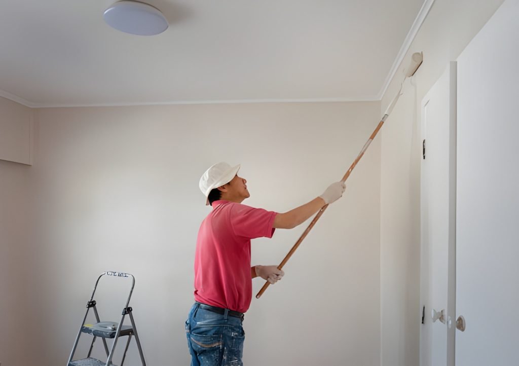 Person painting ceiling with a roller