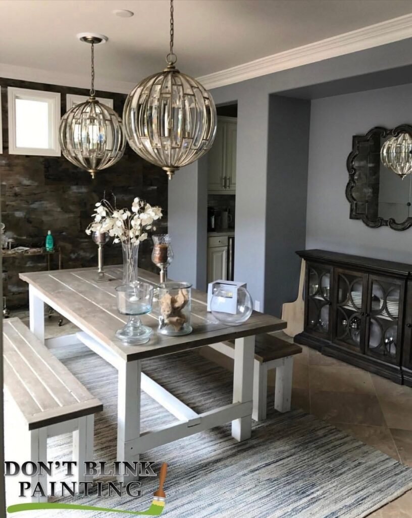 Modern dining area with rustic wooden table