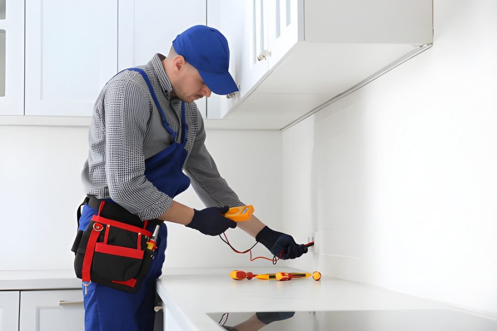 Electrician testing electrical outlet in kitchen