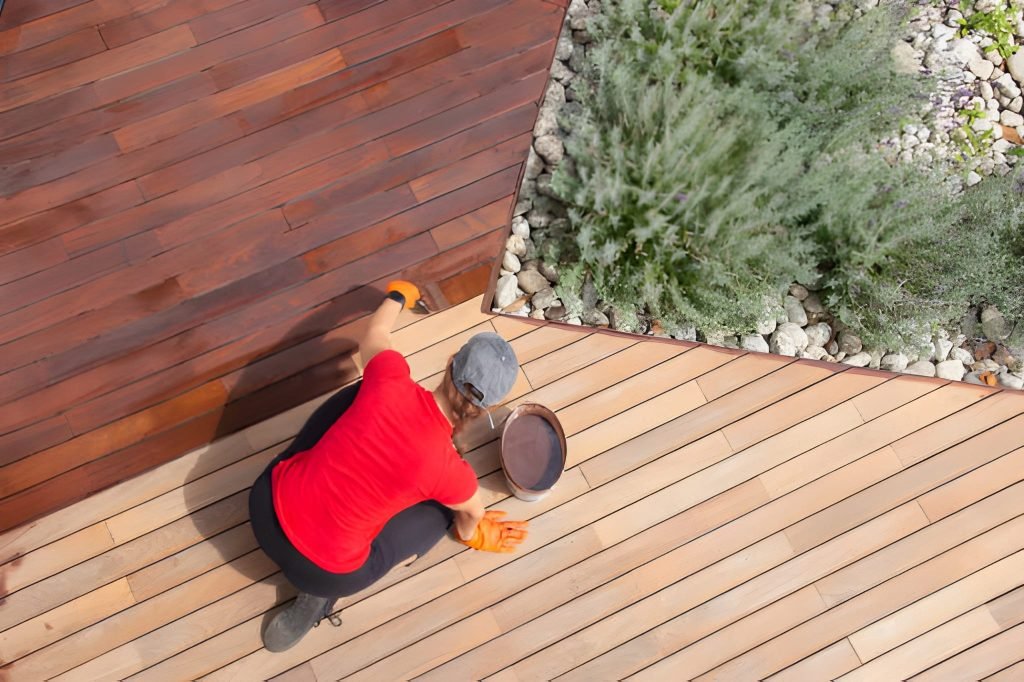 Refreshing of wood deck boards with UV protection pigment oil