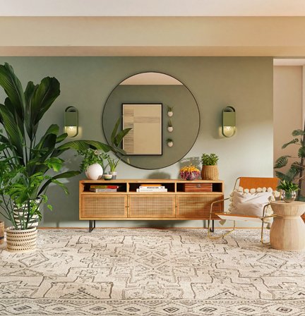 Modern living room with plants and mirror