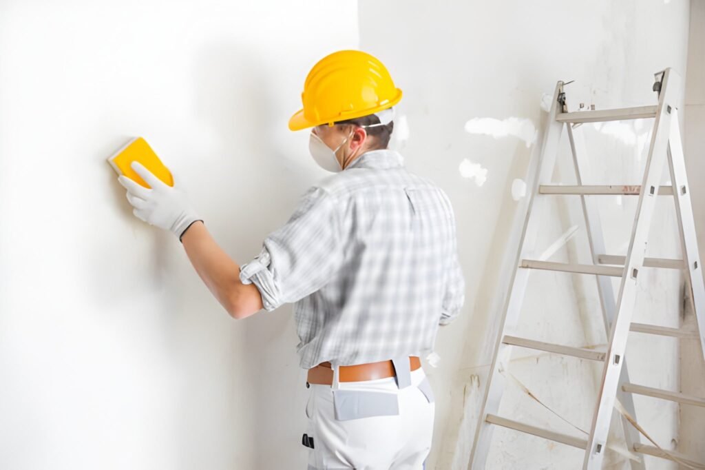 Builder sanding and smoothing a newly plastered white interior wall in a house getting it ready for painting wearing a dust mask and hardhat