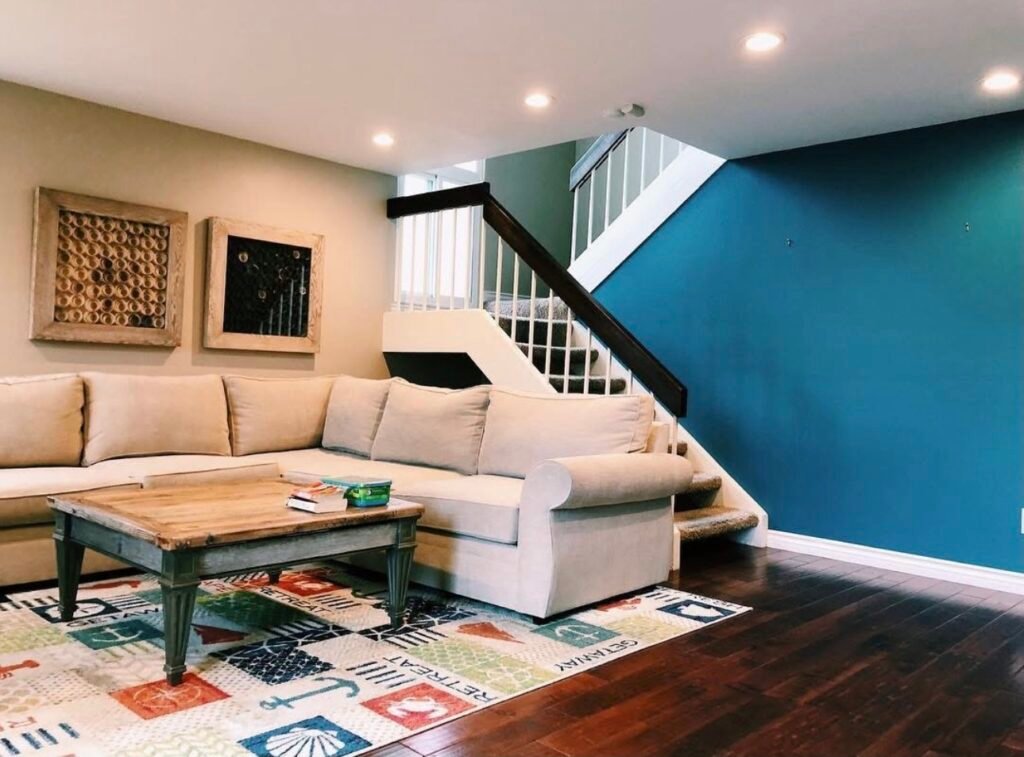 Cozy living room with blue accent wall