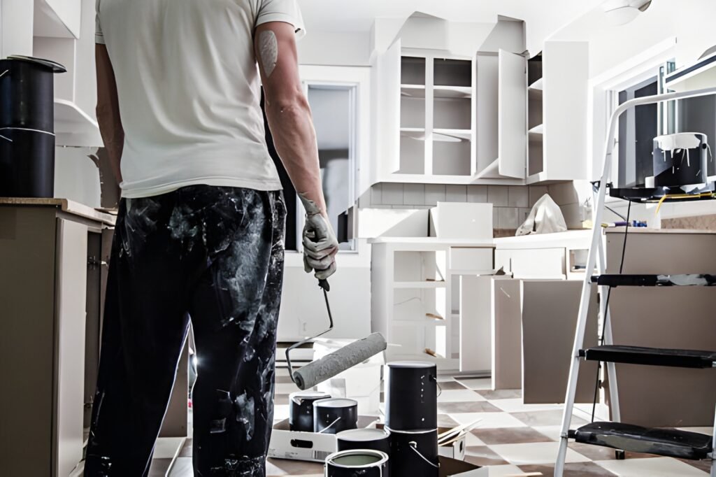 Painter working on white kitchen cabinets