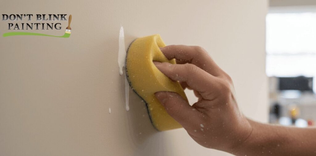 Close up of hand scrubbing wall with sponge.