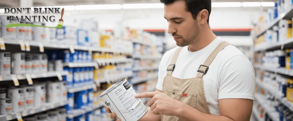 Painter examining paint can label in store.