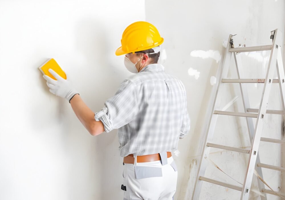 Builder sanding and smoothing a newly plastered white interior wall in a house getting it ready for painting wearing a dust mask and hardhat