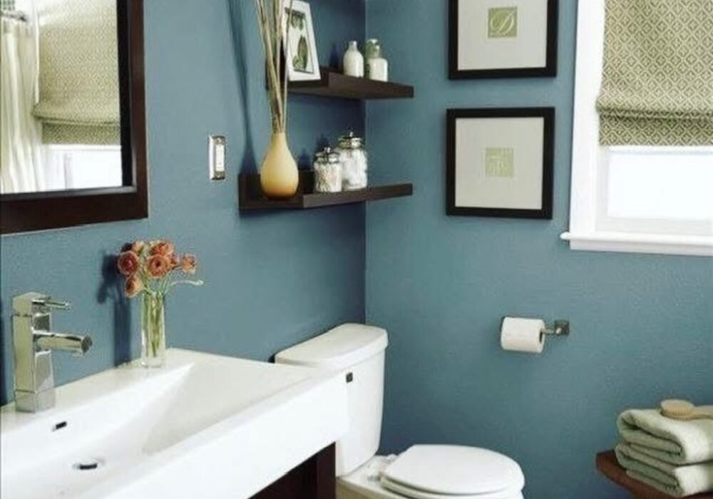 Modern bathroom with blue painted walls
